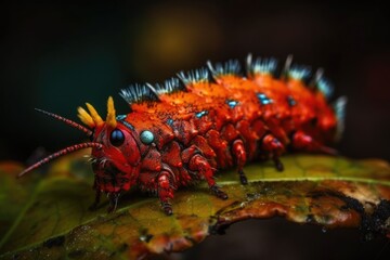 Obraz na płótnie Canvas Macrophotography Red Caterpillar on the Leaf, up close. Generative AI