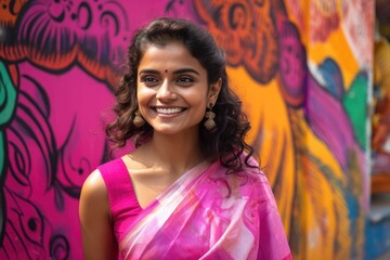 Fototapeta premium Smiling attractive Indian woman wearing a pink saree standing in the street with a colorful graffiti in the background. Generative AI
