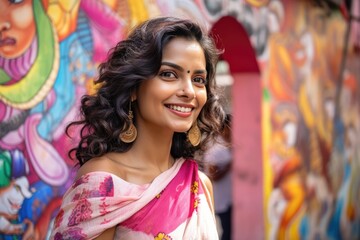 Smiling attractive Indian woman wearing a pink saree standing in the street with a colorful graffiti in the background. Generative AI