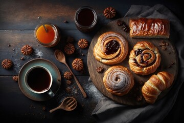 Variety of homemade puff pastry buns cinnamon rolls and croissant served with coffee cup. AI generated