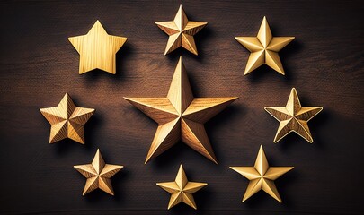  a group of wooden stars sitting on top of a wooden table next to each other on top of a wooden tablecloth covered table top.  generative ai