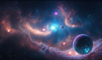  an image of a space scene with planets and stars in the background and a blue and pink star in the foreground, and a blue and pink star in the middle.  generative ai