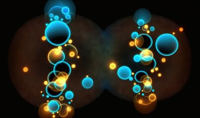  a computer generated image of bubbles and bubbles on a black background with blue and yellow lights in the middle of the image and a black background.  generative ai