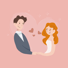 wedding couple bride with a red hair and groom with a brown hair are holding hands inside of heart flat style