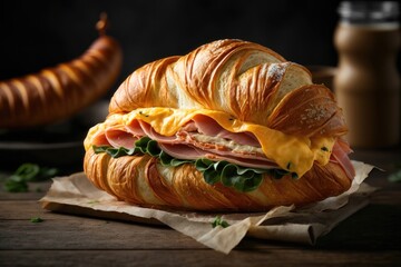 Sandwich with ham and cheese on croissant bun. Tasty croissant sandwich. AI generated