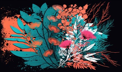 a bouquet of flowers and leaves on a black background with a splash of paint on the bottom of the image and a splash of paint on the bottom of the image.  generative ai