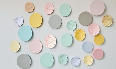 a group of paper circles on a white wall with polka dots on them, all of which are pastel blue, yellow, pink, and grey.  generative ai