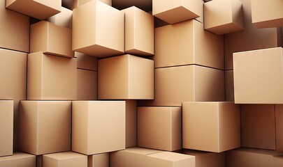  a bunch of boxes stacked on top of each other in a room filled with cardboard boxes, all stacked up in a pyramid pattern,.  generative ai
