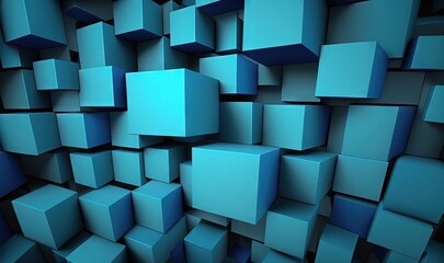  a bunch of blue cubes are stacked together in a room with a black floor and a black wall behind them and a blue background.  generative ai