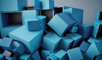  a pile of blue boxes sitting next to each other on top of a floor covered in blue boxes and a black box on top of the box.  generative ai