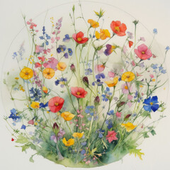 Fototapeta na wymiar A digital watercolor illustration of a circle of spring flowers and greenery. Generative AI.