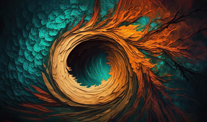  an abstract painting of a wave in orange, blue and yellow colors with a black background and a black border around the center of the image.  generative ai