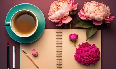 Obraz na płótnie Canvas a cup of coffee and a notebook with flowers on a purple background with a pen and a pencil and a flower on top of the notebook. generative ai