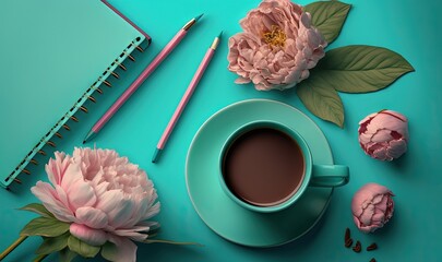  a cup of coffee next to a pink flower and a notebook on a blue surface with a pencil and a pink flower on top of the cup.  generative ai