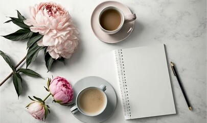 Obraz na płótnie Canvas a cup of coffee and a notebook on a marble table with pink peonies and a pen and a pencil on it and a white marble surface with a marble surface. generative ai