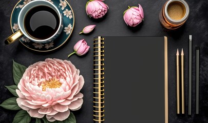  a notebook with a flower and a cup of coffee next to it on a black surface with a gold spiral notebook and a pair of pencils.  generative ai