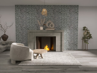 Living room interior with fireplace 3d render, 3d illustration
