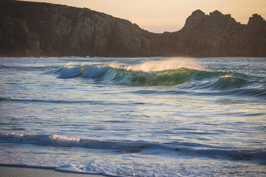 Wave on the Cornish Coast, Porthcurno Beach, Cornwall Landscape Stock Photo