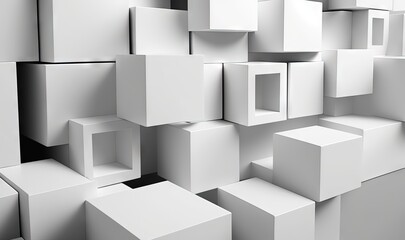  a bunch of white cubes are stacked up in a room with no one in them or one in the room with no one in them.  generative ai