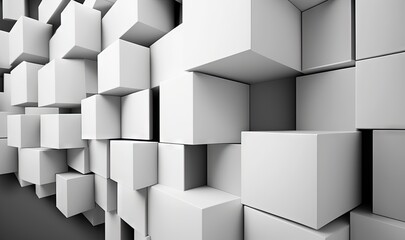  a bunch of white cubes are stacked up in a row on the wall of a room with a black floor and a black floor.  generative ai