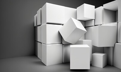  a bunch of white boxes stacked on top of each other on a gray floor with a black background and a black wall in the background.  generative ai