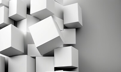  a bunch of white cubes that are stacked up in the air on a gray background with room for text or image to be added.  generative ai