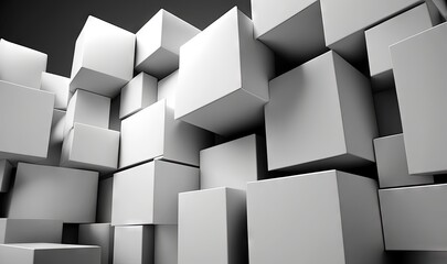  a black and white photo of a bunch of cubes that are stacked up in the air with a black background and a black and white background.  generative ai