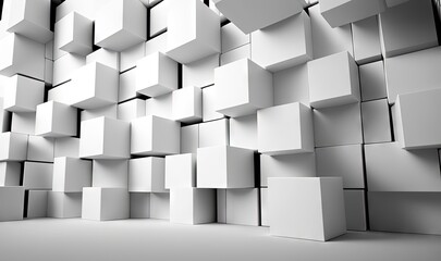  a large group of white cubes in a room with a white floor and wall in the middle of the room and a white floor in the middle of the room.  generative ai