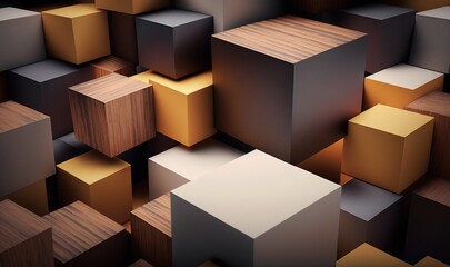  a bunch of cubes that are stacked together in a room with wood flooring and a black wall in the background with a white square in the middle.  generative ai