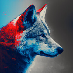 A duotone portrait of a wolf