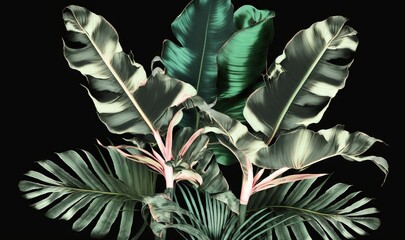  a plant with green leaves and pink flowers on a black background with a black background and a black background with a green plant with pink flowers.  generative ai