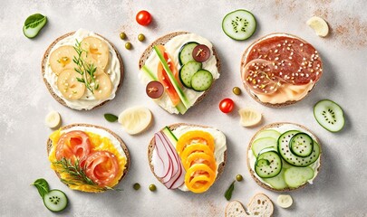  a variety of sandwiches with cucumbers, tomatoes, cheese, and pickles on a white surface with a sprig of dill.  generative ai