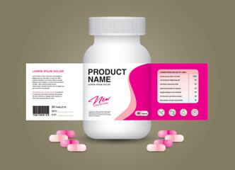 supplement bottle Packaging, Cosmetic package. product design. Beauty label, 3d supplement bottle vector, 3d white plastic Pills box, White medical container. healthcare bottle, realistic mock-up.