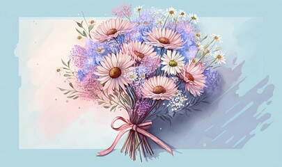  a bouquet of pink and blue flowers with a pink ribbon on a blue background with a watercolor splash behind the bouquet of pink and blue flowers.  generative ai