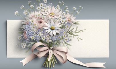  a bouquet of daisies and other flowers with a ribbon tied around the corner of a card on a gray background with a blank space for text.  generative ai