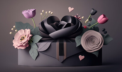  a black box with flowers and hearts on it's lid and a ribbon around the top of the box and a bow at the bottom.  generative ai