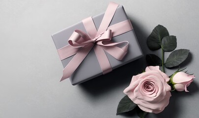  a gift box with a pink ribbon and a pink rose on a gray background with a pink ribbon and a pink rose on the side of the box.  generative ai