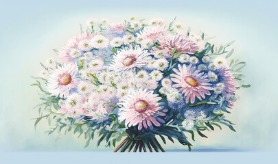  a painting of a bouquet of flowers on a blue and white background with a light blue background and a light blue sky in the background.  generative ai