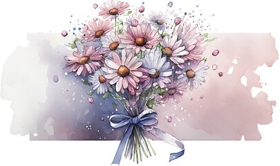  a bouquet of daisies with a blue bow on a watercolor background with a splash of watercolng on the bottom of the image.  generative ai