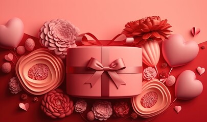 Obraz na płótnie Canvas a pink gift box with a bow and a bow on it surrounded by hearts and flowers on a red background with a red ribbon and a bow. generative ai