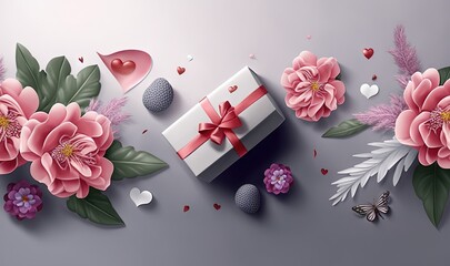  a white box with a red bow and pink flowers on a gray background with hearts and flowers on the bottom of the box and a butterfly.  generative ai