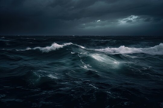 Dark ocean storm at night with lighting and waves. Generative AI