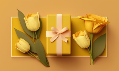  a yellow box with a bow and three yellow tulips on a yellow background with a ribbon and a bow on the top of the box.  generative ai