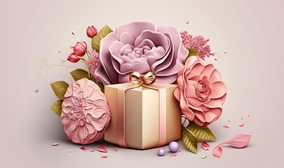  a gift box with flowers and leaves on a pink background with confetti and confetti balls on the bottom of the box.  generative ai
