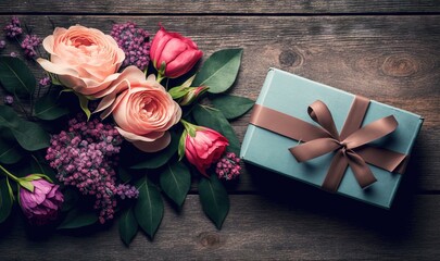  a bouquet of flowers and a blue gift box on a wooden table with a brown ribbon and a bow on the top of the box.  generative ai