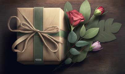  a wrapped gift with a ribbon and flowers on a table next to a candle and a candle holder with a flower on it and a ribbon around the gift box.  generative ai