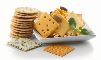  a plate of crackers, crackers, cheese, and crackers on a white surface with a green leaf on top of the crackers.  generative ai