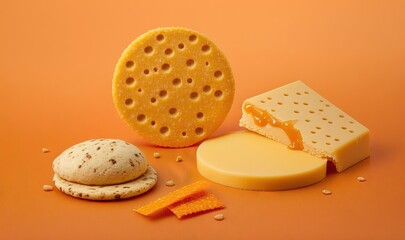  a cookie, cheese, and cracker on an orange background with a cookie on the side of the image and a cookie on the other side.  generative ai