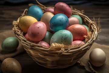 Easter eggs in a basket of various colors on a wooden background. Generative AI