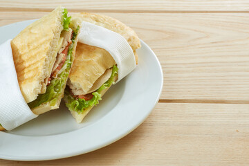 sandwich cut on a wooden board